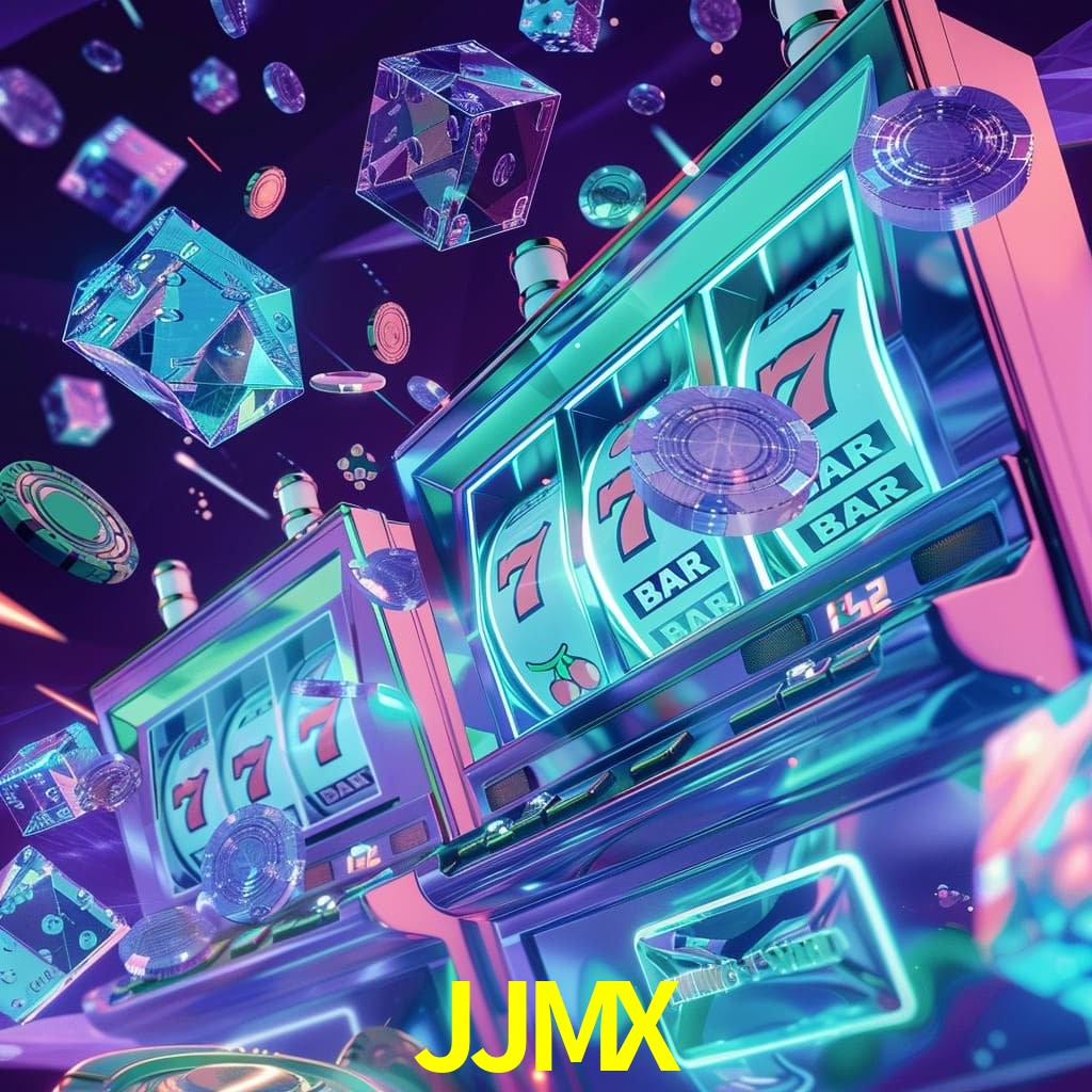 Escena dinámica inspirada en casino con iluminación JJMX, cartas, fichas e íconos de juegos digitales en un espacio moderno de juegos.