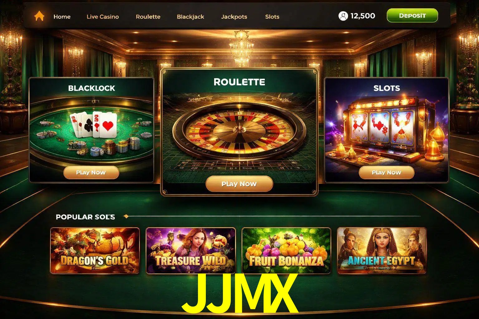 Vista de la plataforma JJMX Casino mostrando categorías organizadas de juegos en línea