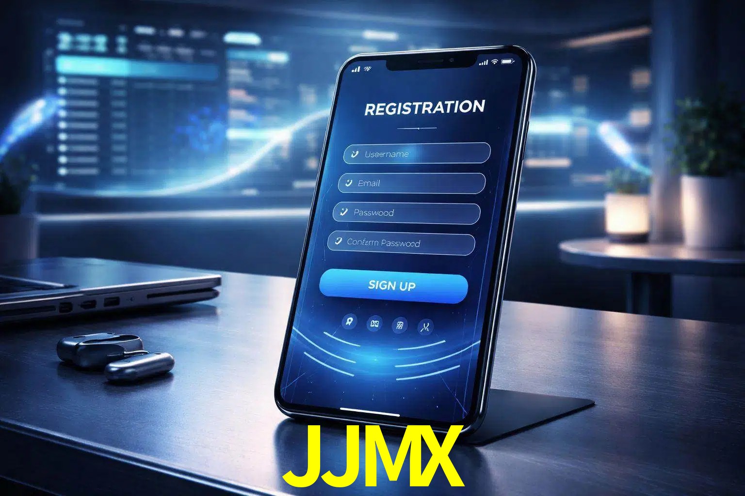 Una interfaz moderna de registro móvil para JJMX mostrada en un smartphone con un panel de apuestas elegante.
